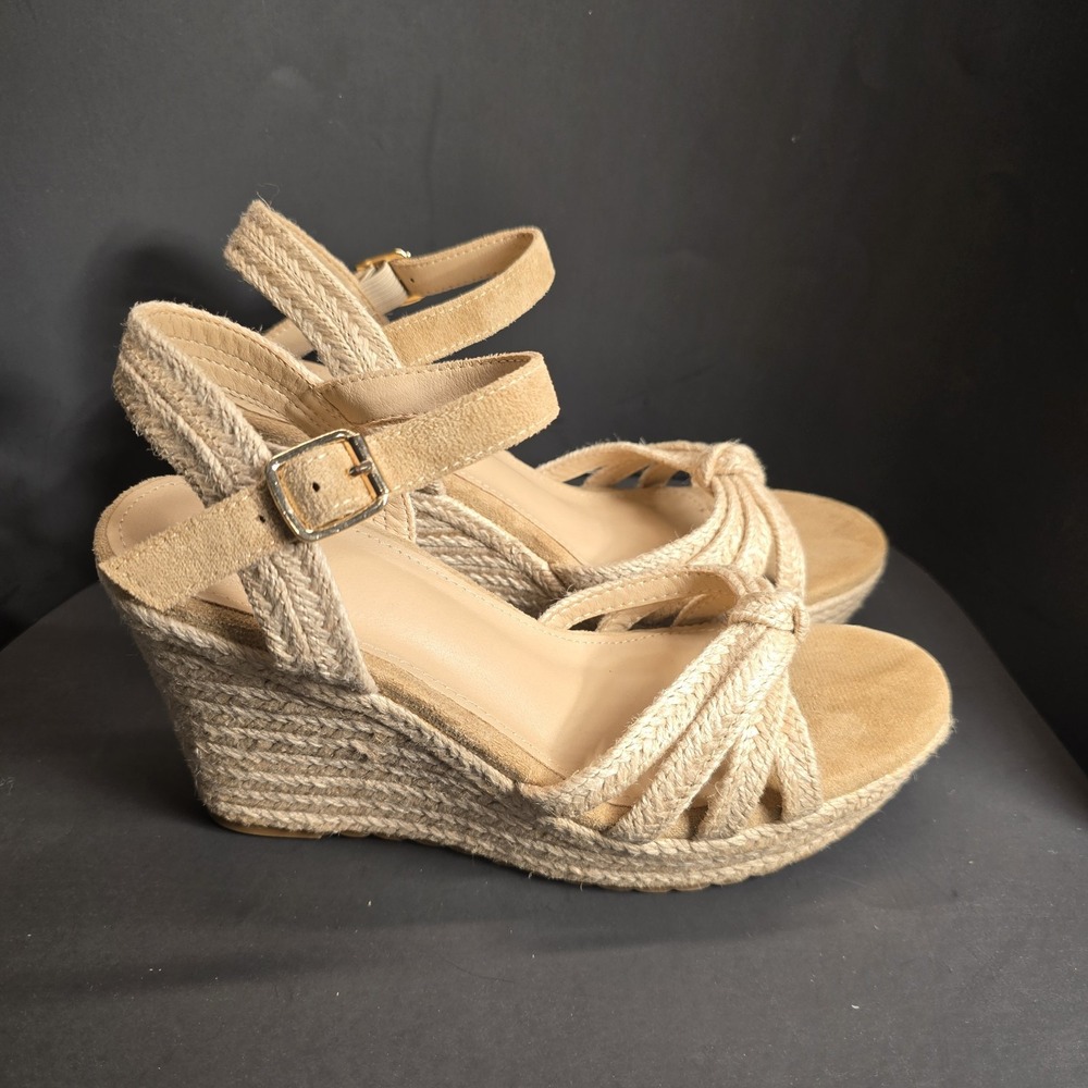 Women's Tan Suede Espadrille Wedge Sandals Ankle Strap Bow Knot Size‎ 9 - Picture 3 of 6